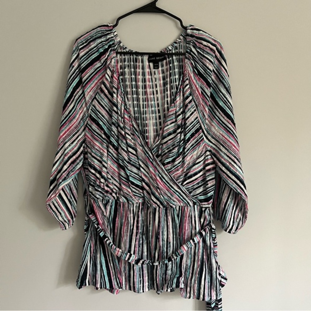 Lane Bryant Multi-Color Texture Striped V-Neck Tie Waist Blouse